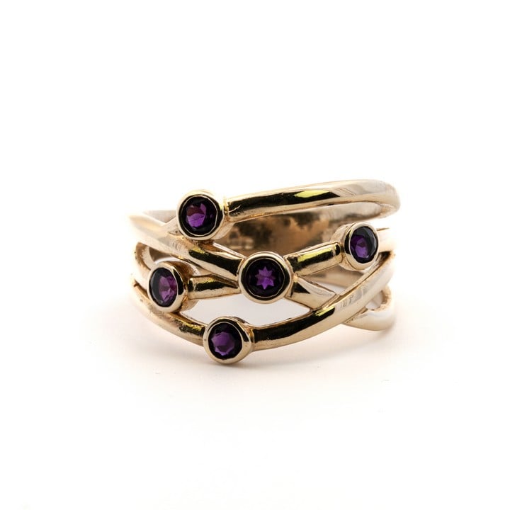 9ct Yellow Gold Four Row Amethyst Five Stone Ring, Size P, 5.8g.  Auction Guide: £300-£400