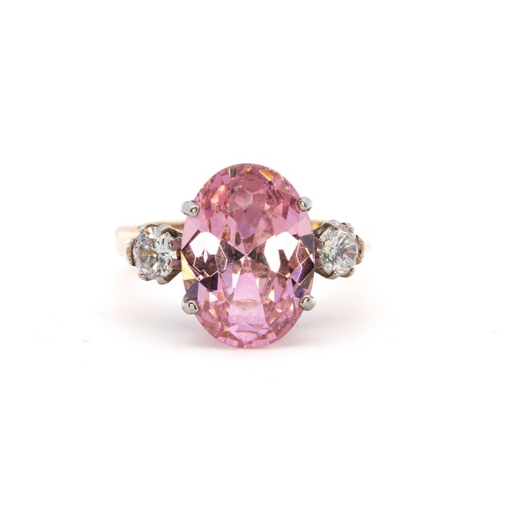 9ct Yellow Gold Pink and Clear Cubic Zirconia Three Stone Ring, Size L, 5.3g.  Auction Guide: £150-£200