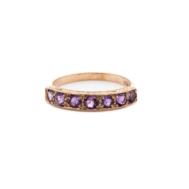 9ct Yellow Gold Amethyst Five Stone Band Ring, Size L½, 1.8g.  Auction Guide: £150-£200