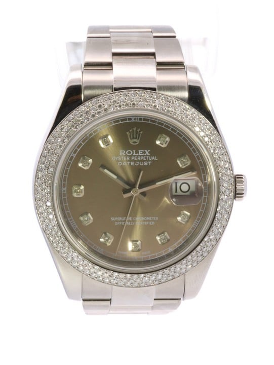 Rolex Datejust II Ref: 116300 Automatic Watch. 41mm Stainless Steel Case with Aftermarket Diamond set Fixed Bezel, Light Champagne Dial and Stainless Steel Oyster Bracelet. Age: Post 2011. No box or