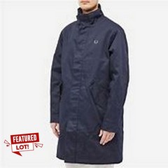 A NAVY BLUE FRED PERRY FUNNEL NECK PARKA JACKET, SIZE M, RRP £300