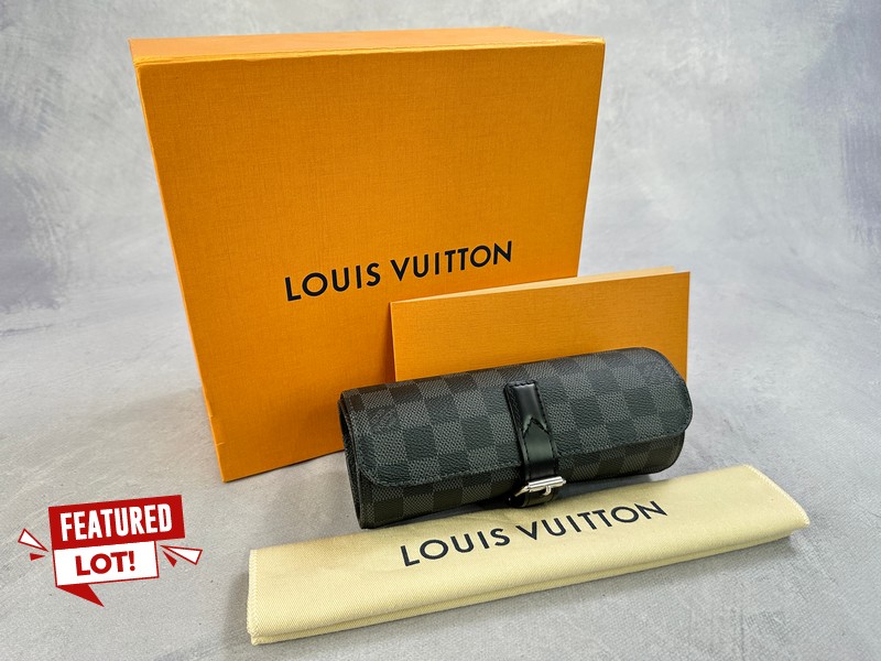Louis Vuitton Damier Graphite 3 Watch Case With Box & Dust Bag And Purchase Receipt Dated 25/11/2019 - Dimensions Approximately 19.5x8cm (VAT ONLY PAYABLE ON BUYERS PREMIUM)