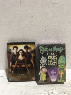 BOX OF DVDS TO INCLUDE TWILIGHT THE NEW MOON PLUS RICK AND MORTY
