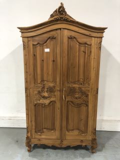 VINTAGE SOLID WOOD DOUBLE WARDROBE WITH FLOWER CARVING ON DOORS RECLAIMED PINE  APPROX RRP £695