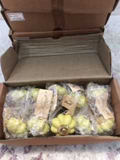 4X BOXES OF FRENCH GREY INTERIORS FLOWER KNOBS IN YELLOW/GREEN