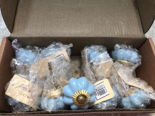 4X BOXES OF FRENCH GREY INTERIORS FLOWER KNOBS IN BLUE/PINK/WHITE/TEAL