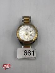 MENS TOMMY HILFIGER TACHYMETER STAINLESS STEEL WATCH SILVER/GOLD RRP £199.00: LOCATION - TABLES