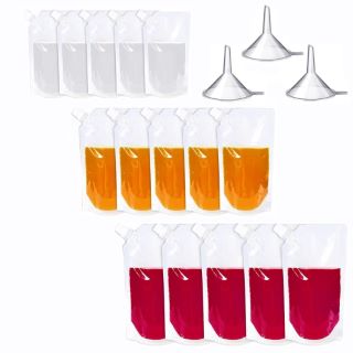 19 X KOMUNJ 15 PACK PLASTIC DRINKS FLASKS,REUSABLE LIQUOR POUCH CONCEALABLE DRINK POUCH PLASTIC DRINKING FLASKS WITH SPOUT AND SMALL DRINK FLASK FUNNEL,300ML?380ML?500ML - TOTAL RRP £92: LOCATION - F