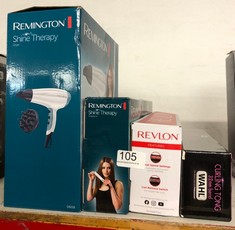 QTY OF ITEMS TO INCLUDE REMINGTON SHINE THERAPY HAIR DRYER WITH POWER DRY AND COOL SHOT FOR A FRIZZ FREE SHINE, PROFESSIONAL FAST DRYING, DIFFUSER & CONCENTRATOR ATTACHMENTS, 3 HEAT & 2 SPEED SETTING