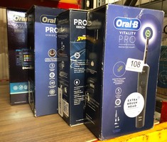 QTY OF ITEMS TO INCLUDE ORAL-B VITALITY PRO ELECTRIC TOOTHBRUSHES FOR ADULTS, GIFTS FOR HIM / HER, 1 HANDLE, 2 TOOTHBRUSH HEADS, 3 BRUSHING MODES INCLUDING SENSITIVE PLUS, 2 PIN UK PLUG, BLACK: LOCAT