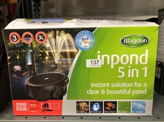 BLAGDON INPOND 5-IN-1 3000 EASY CARE CLEAN POND SOLUTION, 10W POND PUMP & FILTER WITH UV CLARIFIER FOR ALGAE CONTROL AND CLEAR WATER, LED LIGHT, 3 FOUNTAIN HEADS, FOR PONDS UP TO 3,000L, BLACK.: LOCA