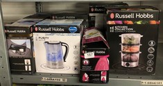 QTY OF ITEMS TO INCLUDE RUSSELL HOBBS 3 TIER ELECTRIC FOOD STEAMER, 7L, STACKABLE BASKETS FOR EASY STORAGE, DISHWASHER SAFE BPA FREE BASKETS, RICE BOWL INC, 60 MIN TIMER, HEALTHY EATING, ENERGY SAVIN