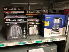 QTY OF ITEMS TO INCLUDE RUSSELL HOBBS HONEYCOMB ELECTRIC 1.7L CORDLESS KETTLE (FAST BOIL 3KW, GREY PREMIUM PLASTIC, MATT & HIGH GLOSS FINISH, REMOVABLE WASHABLE ANTI-SCALE FILTER, PUSH BUTTON LID, PE