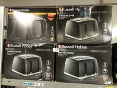 QTY OF ITEMS TO INCLUDE RUSSELL HOBBS HONEYCOMB 4 SLICE TOASTER (INDEPENDENT & EXTRA WIDE SLOTS WITH HIGH LIFT, 6 BROWNING LEVELS, FROZEN/CANCEL/REHEAT FUNCTION, REMOVABLE CRUMB TRAY, 1500W, BLACK TE