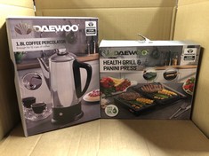 QTY OF ITEMS TO INCLUDE DAEWOO COFFEE PERCOLATOR, 1.8 LITRES, 12 CUPS, STAYS WARM FOR 30 MINUTES, USER FRIENDLY, TRANSPARENT LID, POWER BUTTON WITH INDICATOR LIGHT, PERFECT FOR GATHERINGS AND EVENTS: