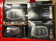 QTY OF ITEMS TO INCLUDE RUSSELL HOBBS HONEYCOMB 4 SLICE TOASTER (INDEPENDENT & EXTRA WIDE SLOTS WITH HIGH LIFT, 6 BROWNING LEVELS, FROZEN/CANCEL/REHEAT FUNCTION, REMOVABLE CRUMB TRAY, 1500W, GREY TEX