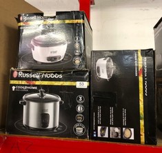 QTY OF ITEMS TO INCLUDE RUSSELL HOBBS 27040 LARGE RICE COOKER - UP TO 14 SERVINGS WITH STEAMER BASKET, MEASURING CUP AND SPOON INCLUDED, DISHWASHER SAFE PARTS, 500 W, WHITE: LOCATION - A RACK