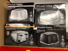 QTY OF ITEMS TO INCLUDE RUSSELL HOBBS HONEYCOMB 4 SLICE TOASTER (INDEPENDENT & EXTRA WIDE SLOTS WITH HIGH LIFT, 6 BROWNING LEVELS, FROZEN/CANCEL/REHEAT FUNCTION, REMOVABLE CRUMB TRAY, 1500W, GREY TEX