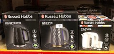 QTY OF ITEMS TO INCLUDE RUSSELL HOBBS ELECTRIC 0.85L TRAVEL KETTLE, SMALL & COMPACT, DUAL VOLTAGE, IDEAL FOR ABROAD/CARAVAN/CAMPING, INC 2 CUPS & SPOONS, REMOVABLE WASHABLE ANTI-SCALE FILTER, WATER W