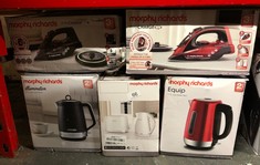 QTY OF ITEMS TO INCLUDE MORPHY RICHARDS EASY CHARGE CORDLESS IRON, 130G STEAM BOOST, 30G STEAM OUTPUT, 350ML WATER TANK, ANTI DRIP, ANTI SCALE, AUTO SHUT-OFF, 2.5M CORD, 2400W, RED/BLACK, 303250: LOC