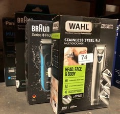 QTY OF ITEMS TO INCLUDE WAHL STAINLESS STEEL 9 IN 1 MULTIGROOMER, BEARD AND STUBBLE TRIMMER FOR MEN, HOME HAIR CUTTING, NOSE EAR TRIMMERS, MALE GROOMING SET, WASHABLE HEADS, CORDLESS: LOCATION - A RA