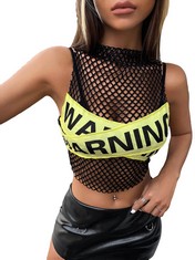 13 X GORGLITTER WOMEN'S FISHNET HOLLOW OUT LETTER PRINT TANK TOPS MOCK NECK SEE THROUGH SEXY CROP TOPS CLUBWEAR BLACK S - TOTAL RRP £108: LOCATION - A RACK