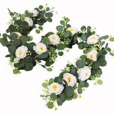 15 X MELAJIA 2 PACK ARTIFICIAL EUCALYPTUS GARLAND WITH FLOWERS,5.9FT FAKE WHITE ROSE GYPSOPHILA GREENERY GARLAND FAUX EUCALYPTUS LEAVES VINES FOR HOME PARTY WEDDING TABLE DECOR - TOTAL RRP £194: LOCA