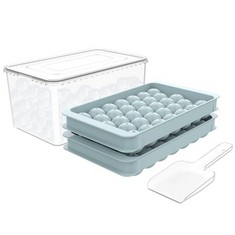 15 X ROUND ICE CUBE TRAY WITH LID & BIN ICE BALL MAKER MOLD FOR FREEZER WITH CONTAINER MINI CIRCLE ICE CUBE TRAY MAKING 66PCS SPHERE ICE CHILLING COCKTAIL WHISKEY TEA COFFEE 2 TRAYS 1 ICE BUCKET & SC