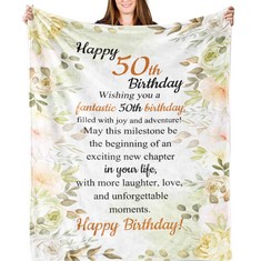 QTY OF ASSORTED ITEMS TO INCLUDE WEARYGING 50TH BIRTHDAY CELEBRATION FLANNEL BLANKET - EMBRACE THE WARMTH OF 60 YEARS: LOCATION - C RACK