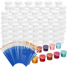 QTY OF ASSORTED ITEMS TO INCLUDE ZOENHOU 30 STRIPS PLASTIC PAINT POTS WITH LIDS, 180 POTS 3ML MINI PAINT POTS WITH 30 FLAT PAINT BRUSHES AND 30 FINE PAINT BRUSHES, EMPTY PAINT STRIPS FOR ARTS AND CRA