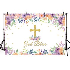 QTY OF ASSORTED ITEMS TO INCLUDE MEHOFOND 7X5FT GOD BLESS PARTY BACKDROP GIRL FIRST HOLY COMMUNION BAPTISM PHOTOGRAPHY BACKGROUND BANNER PINK AND PURPLE FLORAL GOLD GLITTER CROSS CAKE SMASH DECORATIO