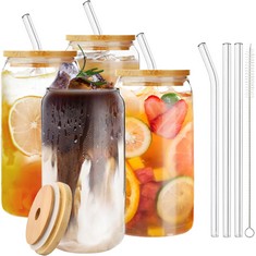 QTY OF ASSORTED ITEMS TO INCLUDE DRINKING GLASS WITH LIDS AND STRAW-17 OZ ICED COFFEE CUP GLASS CAN SHAPED BEER GLASSES CUPS TUMBLER GLASSES IDEAL FOR COCKTAIL,SODA,TEA,WATER,BOBA,SMOOTHIE,COCA COLA