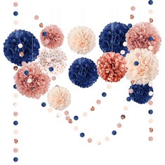 QTY OF ASSORTED ITEMS TO INCLUDE KOBKIAT ROSE GOLD AND NAVY BLUE PARTY DECORATIONS SET,TISSUE PAPER POM POMS,PAPER GARLAND FOR WOMEN ENGAGEMENT ANNIVERSARY 30TH 40TH 50TH 60TH BIRTHDAY PARTY SUPPLIES