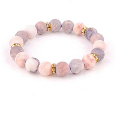 40 X YIWEIYA 10MM NATURAL STONE BRACELET FOR WOMEN LOVELY PINK GREY BEADED BRACELET WITH CRYSTAL FOR WOMEN'S GIFTS BIRTHDAY MOTHER'S DAY GIFTS (WITH GIFT BOX) - TOTAL RRP £300: LOCATION - E RACK