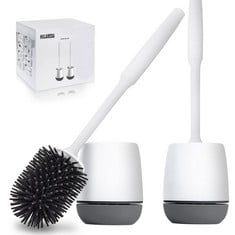 QTY OF ASSORTED ITEMS TO INCLUDE HULAMEDA TOILET BRUSH AND HOLDER 2 PACK, SILICONE TOILET CLEANING BRUSH WITH QUICK DRYING HOLDER, 3.2 X 5.5 INCHES, GRAY & WHITE, (FLOORING/MOUNTED WALL): LOCATION -