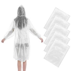 29 X KOMUNJ 5 PACK DISPOSABLE RAIN PONCHOS, EMERGENCY RAINCOATS WATERPROOF PONCHOS TRANSPARENT LIGHTWEIGHT RAIN COATS WITH DRAWSTRING HOOD- ADULT SIZE - TOTAL RRP £169: LOCATION - F RACK