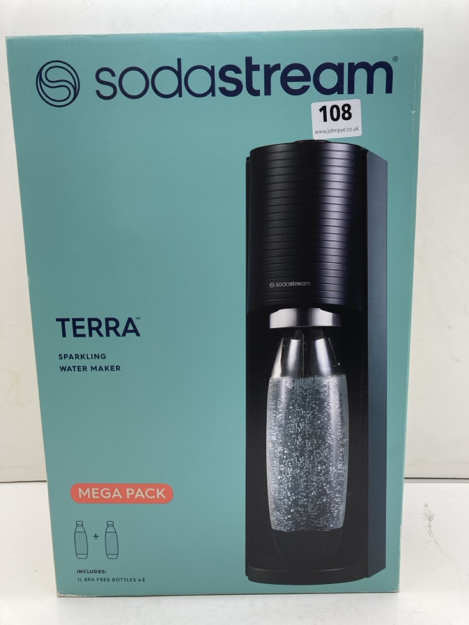 A SODASTREAM, TERRA, SPARKLING WATER MAKER, INCLUDES 1L BPA FREE BOTTLES X 2