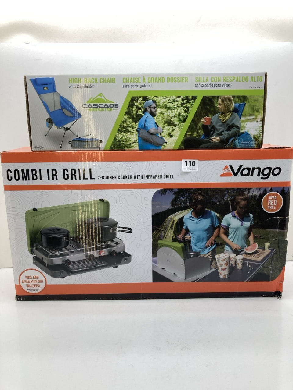 A VANGO COMBI IR 2 X BURNER GRILL TOGETHER WITH A CASCADE MOUNTAIN 183360492 HIGH BACK CHAIR WITH CUP HOLDER