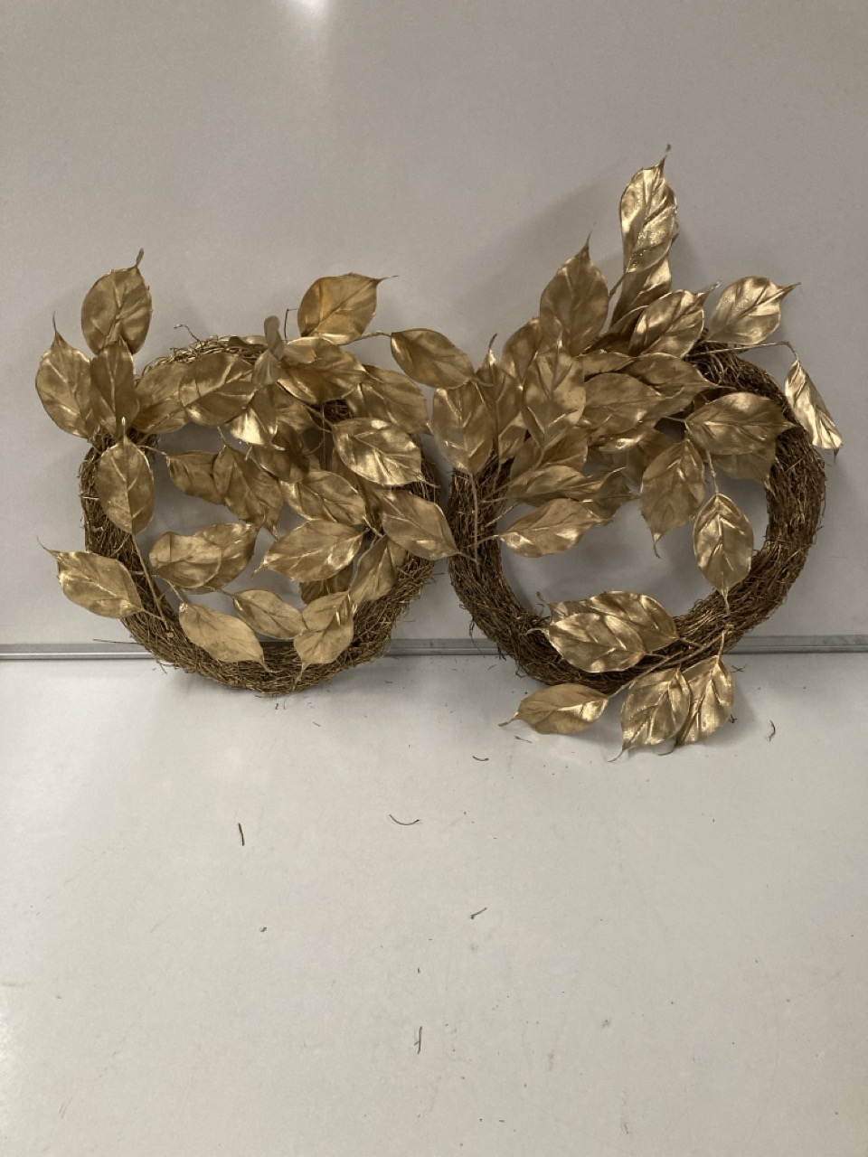 BOX OF CHRISTMAS DECORATIONS TO INCLUDE JOHN LEWIS GOLD WREATHS