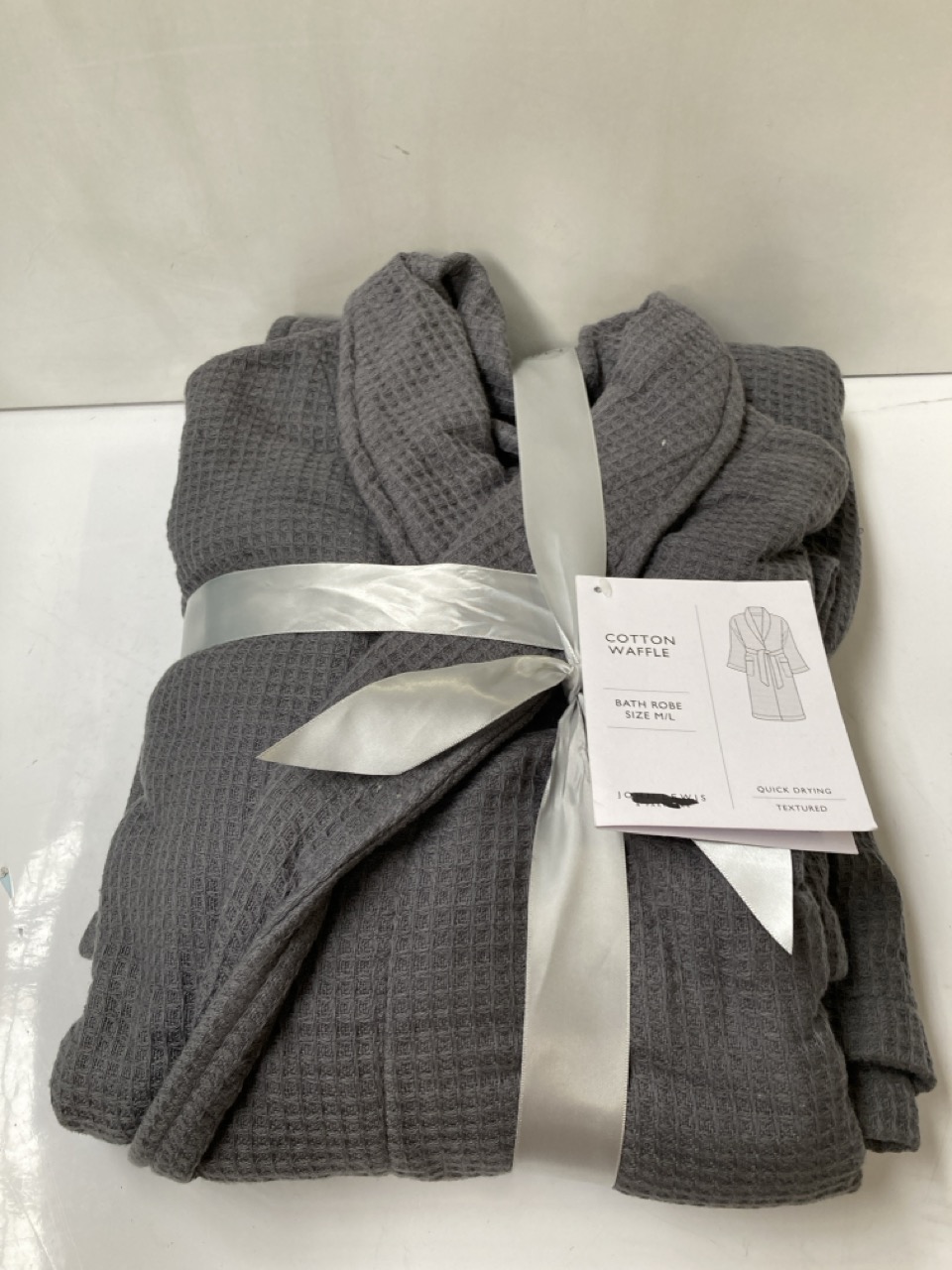 JOHN LEWIS GREY COTTON WAFFLE BATH ROBE SIZE M/L, TO ALSO INCLUDE A JOHN LEWIS LUXURY WOMENS DRESSING GROWN BLUE/GREEN