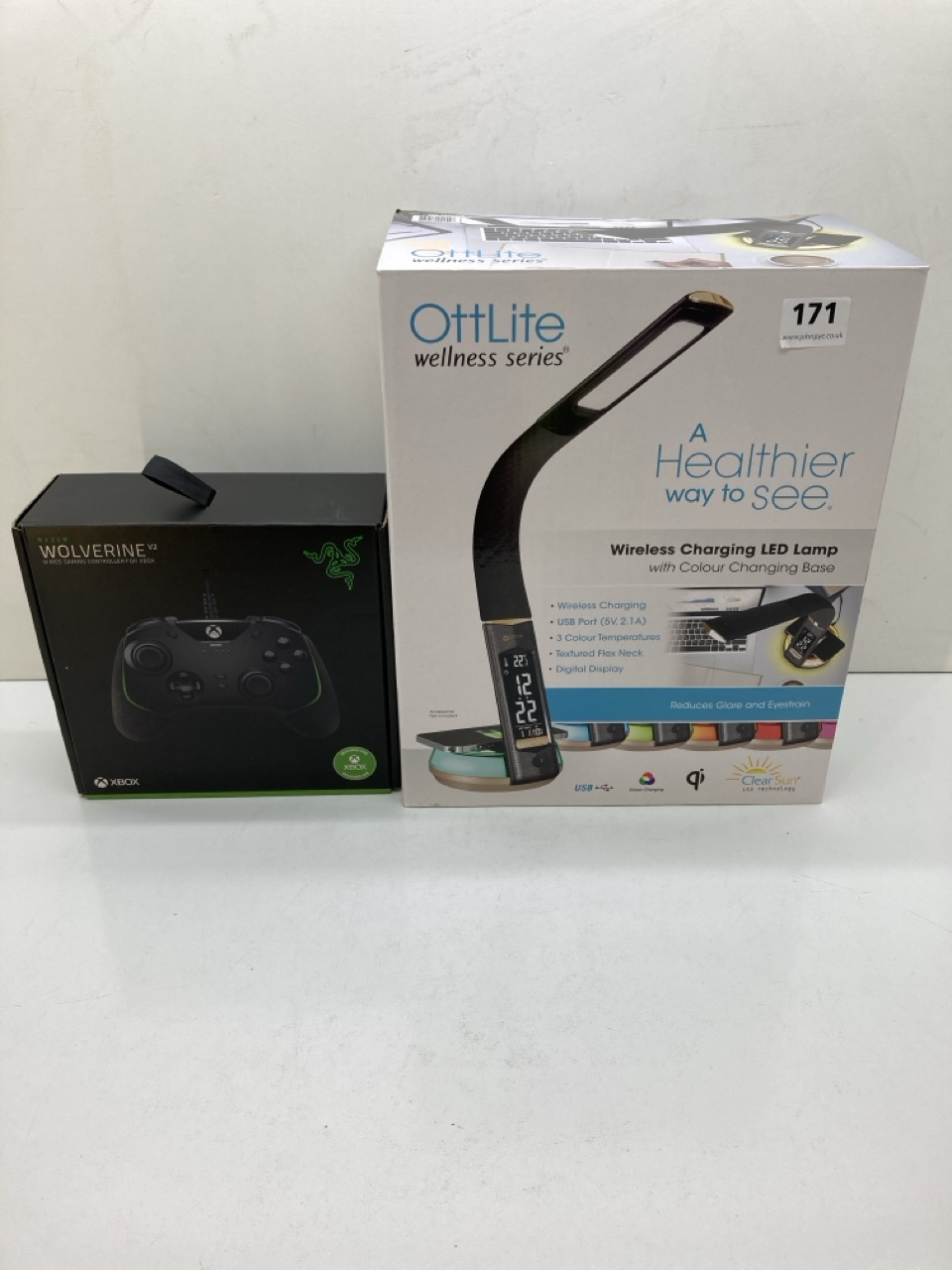 A OTTLITE WELLNESS SERIES WIRELESS CHARGING LED LAMP TOGETHER WITH A XBOX WOLVERINE WIRED GAMING CONTROLLER