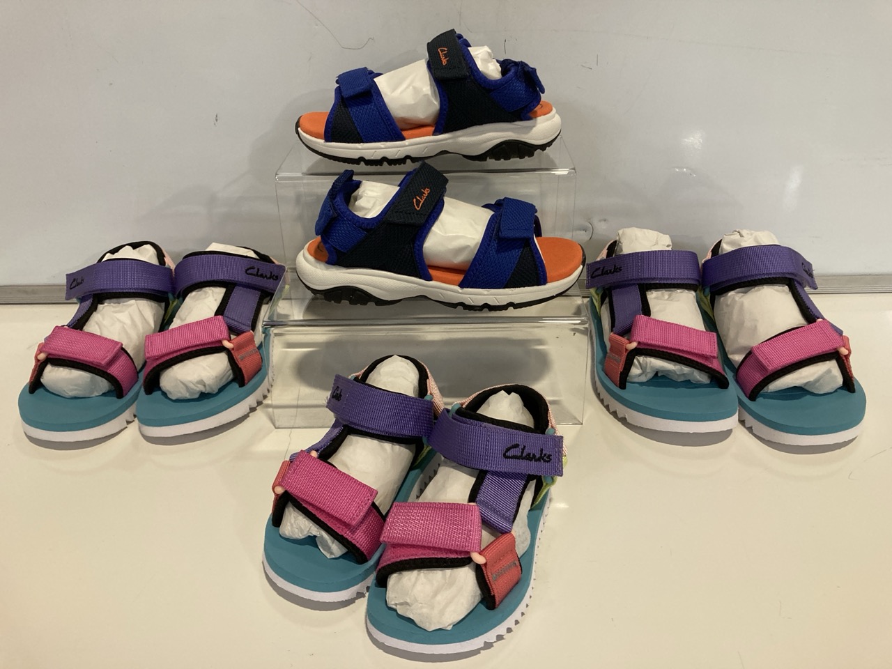 4 X PAIRS OF CLARKS CHILDREN'S FOOTWEAR TO INCLUDE CLARKS PEAK WEB O MULTI COLOR SANDALS IN SIZE 13.5 UK