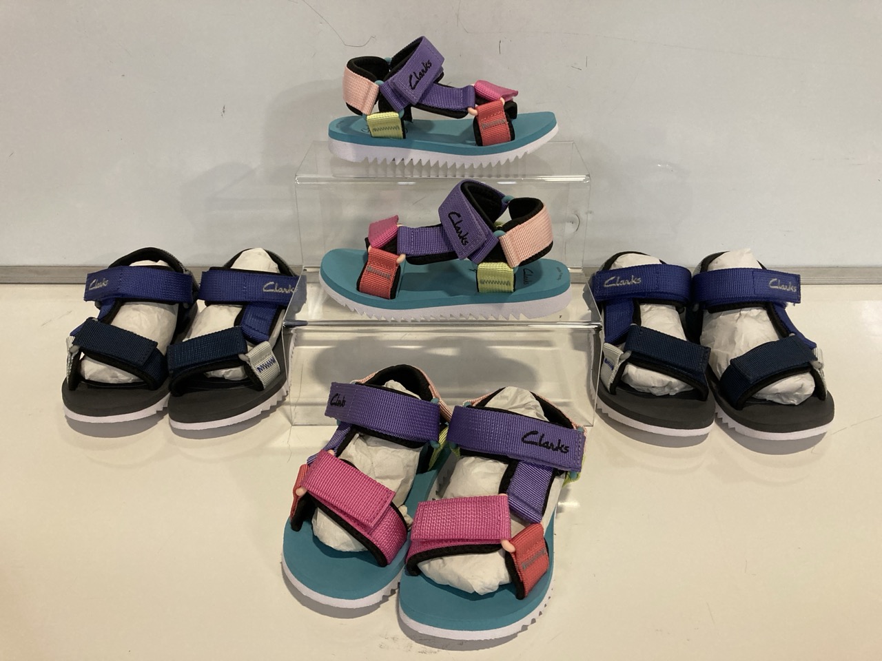 4 X PAIRS OF CLARKS CHILDREN'S FOOTWEAR, TO INCLUDE CLARKS PEAK WEB K BLUE COMBI SANDALS IN UK SIZE 11