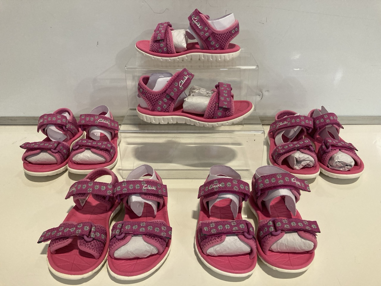 4 X PAIRS OF CLARKS CHILDREN'S FOOTWEAR, TO INCLUDE SURF TIDE SANDALS IN HOT PINK, UK SIZE 9.5