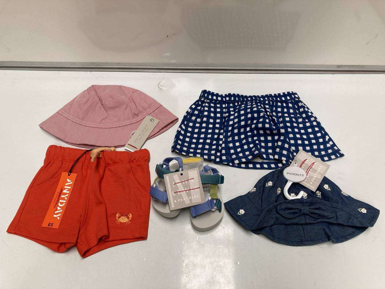 BOX OF ASSORTED CHILDREN'S CLOTHING TO INCLUDE JOHN LEWIS GINGHAM SKIRT BLUE CHECK AGE 6 TO 9 MONTHS