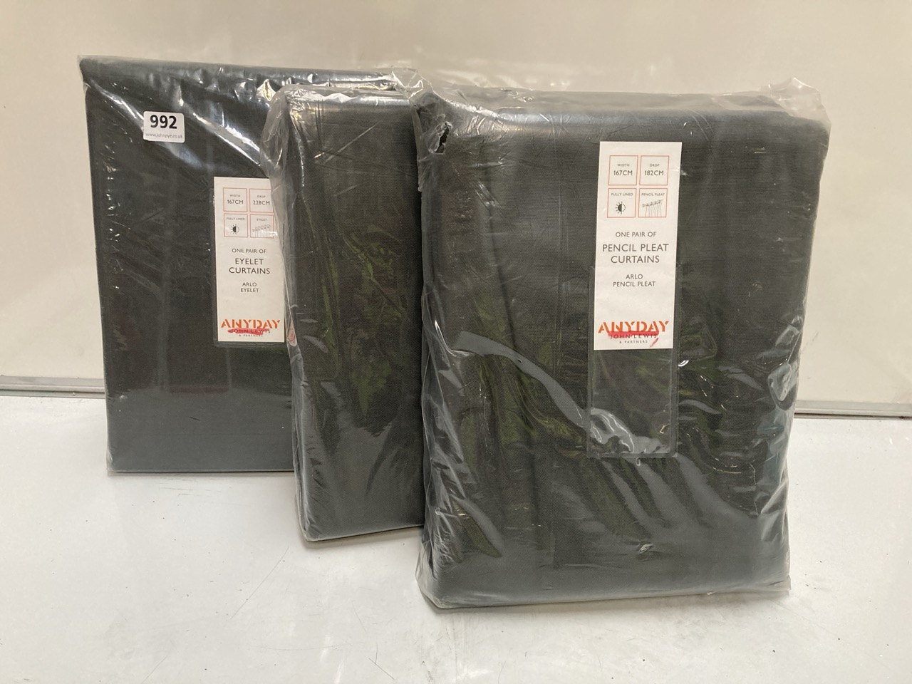 2 X PAIR JOHN LEWIS ARLO PENCIL PLEAT CURTAINS 167X182CM FULLY LINED, TO ALSO INCLUDE A PAIR OF ARLO EYELET CURTAINS 167X228CM