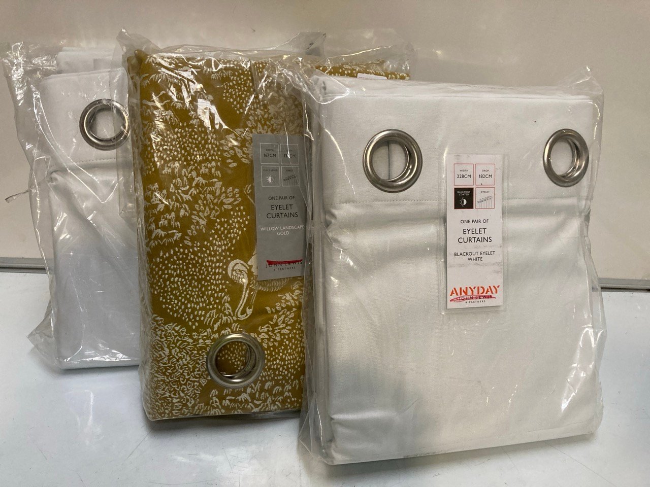 3 X PAIRS OF CURTAINS TO INCLUDE JOHN LEWIS GOLD WILLOW LANDSCAPE EYELET CURTAINS 167X137CM