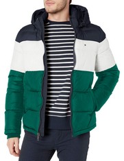 TOMMY HILFIGER MEN'S CLASSIC QUILTED HOODED JACKET DOWN ALTERNATIVE COAT, GREEN COMBO, XXL - LOCATION 1A.