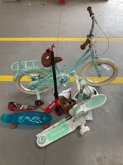VARIETY OF CHILDREN'S ITEMS INCLUDING BICYCLE WITH CASTORS.