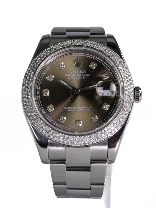Rolex Datejust II Ref: 116300 Automatic Watch. 41mm Stainless Steel Case with Aftermarket Diamond set Fixed Bezel, Light Champagne Dial and Stainless Steel Oyster Bracelet. Age: Post 2011. No box or
